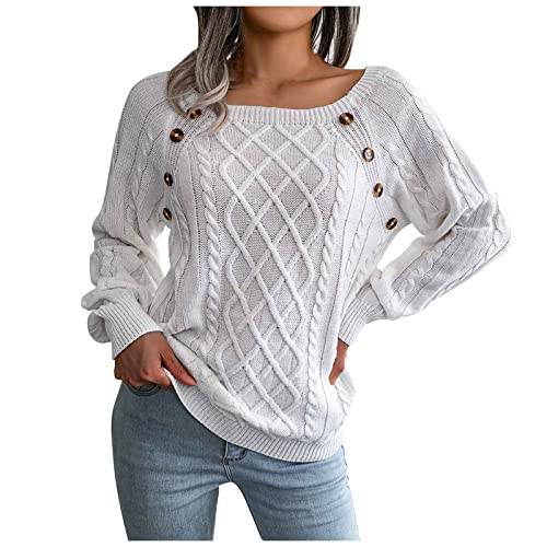 RKaixuni Damen Elegante Puffärmel Pullover Zopfstrick Casual Langarm Pullover Winter Herbst Tops Pullover Shirts Knopf Deco, weiß, Small