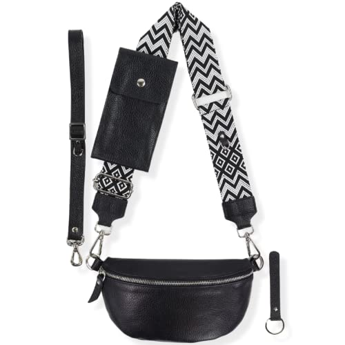 Blade Bauchtasche Damen Echtleder, stylisch Umhängetasche Damen, Crossbody Bag Damen mit 2 abnehmbaren verstellbaren Schultergurten und mit HANDYTASCHE für Frauen-Schwarz (Groß/OPT-6)