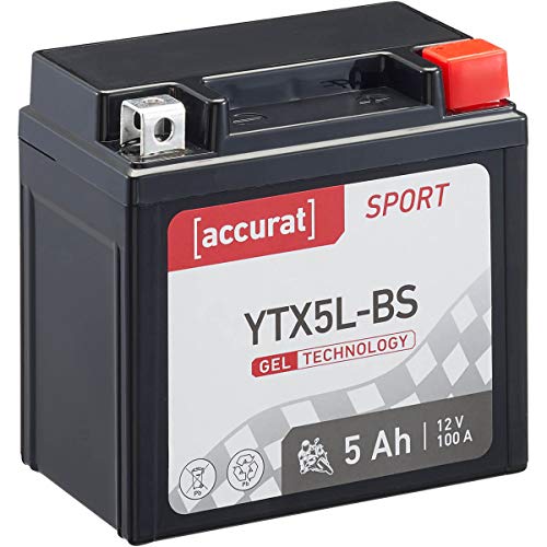 Accurat Motorradbatterie YTX5L-BS - 12V, 5Ah, 100A, zyklenfest, wartungsfrei, Gel - Starterbatterie, Batterie in Erstausrüsterqualität für Rasentraktor, Roller, Motorrad, Quad