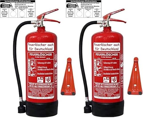 2X 6 L Schaum Feuerlöscher Brandklasse AB DIN EN 3 + GS, Manometer, Wandhalter, Messingarmatur Sicherheitsventil, Standfuß, Schaumlöscher (Mit Prüfnachweis u. Jahresmarke)