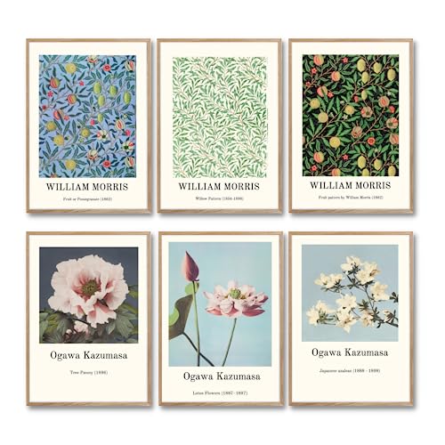 ZoeyAustin | 3 Doppelseitiges Kunstdruck Poster Set | Ohne bilderrahmen, DIN A3 (30cm x 42cm), Stilvolles Wandposter, 6 Wandbilder, Beidseitige Bilder (William Morris Blumen / Japanische deko Blumen)