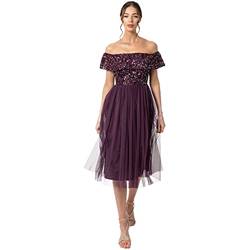 Maya Deluxe Women's Bardot Embellished Midi Bridesmaid Dress, Berry, 38