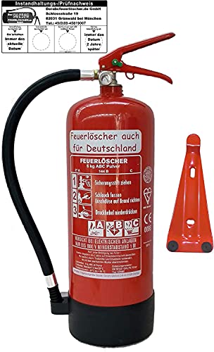 Feuerlöscher 6kg ABC Pulverlöscher mit Manometer EN 3 , Prüfnachweis mit Jahresmarke , Messingarmatur Sicherheitsventil , ( Mit Kunststoffstandfuß Ohne Wandhalter mit Prüfnachweis U. Jahresmarke )