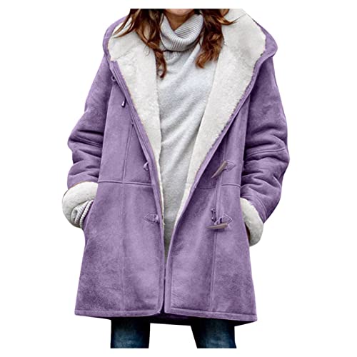 RKaixuni Warme Wintermäntel für Damen, Sherpa-Fleecejacken, langärmelig, Hornschnalle, Kunstfell, Mäntel, Kapuze, modische Oberbekleidung, violett, 42