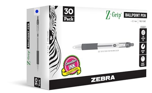 Zebra Pen Z-Grip Retractable Ballpoint Pen, Fine Point, 0.7mm, Blue Ink, 30-Pack