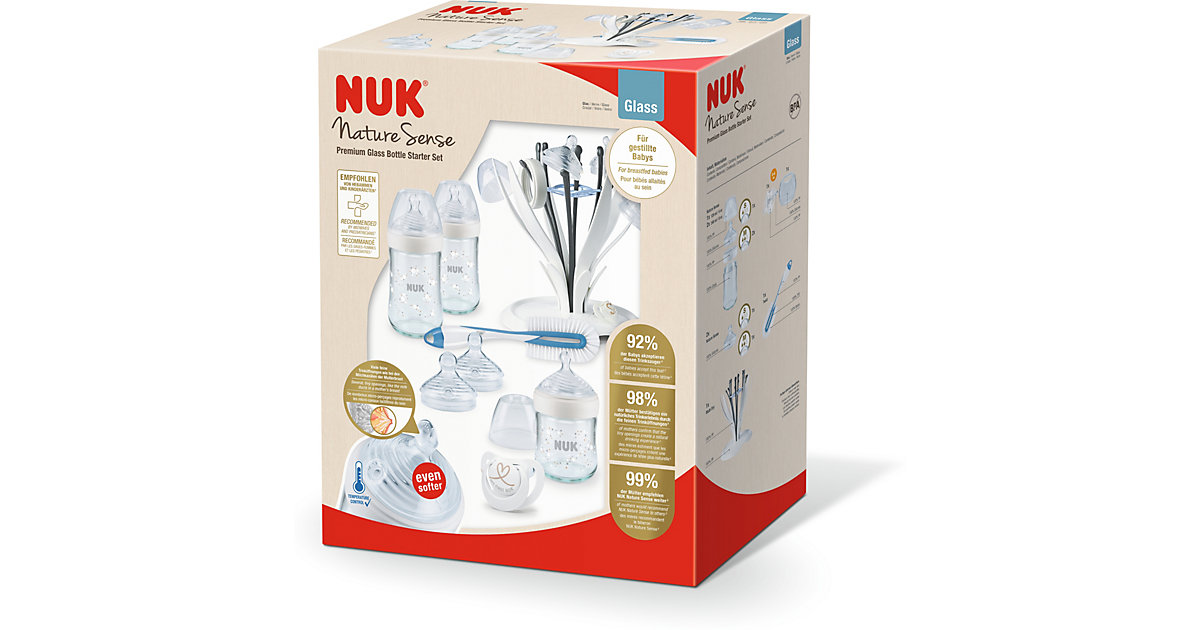 NUK Nature Sense Glasflaschen Set, Nature Sense Babyflaschen mit Temperature Control Anzeige, Trinksauger, Flaschenbürste, Multi Dry und Genius Schnuller 2