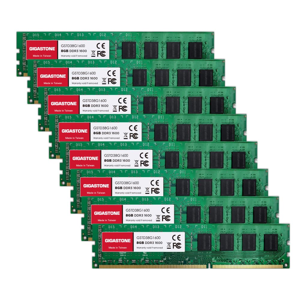 【DDR3 RAM】 GIGASTONE 64GB Kit (8x8GB) DDR3/DDR3L 1600MHz (1333MHz) PC3-12800 (PC3-10600) CL11 1.35V/1.5V 2Rx8 UDIMM 240 Pin Nicht-ECC ungepuffert PC Desktop Hochleistung Arbeitsspeicher Upgrade