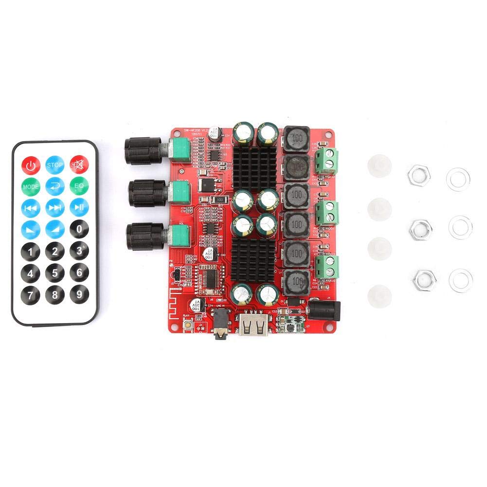 Audio-Verstärker DC 10-25 V BT V4.2 AMP-Modul 2.1-Kanal-Digital-Leistungsverstärkerplatine + Fernbedienung (mit Batterie) + Knopf (mit Mutter und Dichtung) + Kunststoffhalterung,