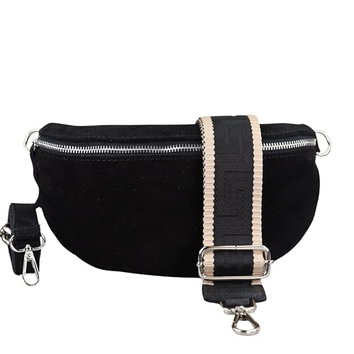 BLADE Bauchtasche Damen, Handgemachte Wildledertasche, Crossbody Bag, Gürteltasche Echtes Leder mit 2 abnehmbaren/verstellbaren breiten Gürteln, Umhängetasche aus Italien, Geschenk für Sie -Schw