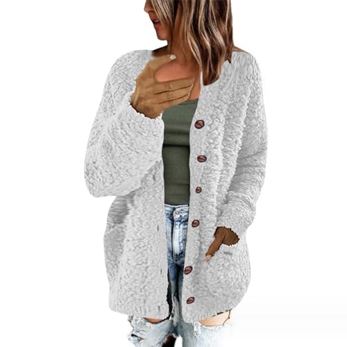 RKaixuni 2023 Winter Mantel Frauen Fleece Sherpa Jacken Warme Kunstpelz Langarm Fuzzy Outwear Button Down Strickjacke Kleidung, weiß, 36