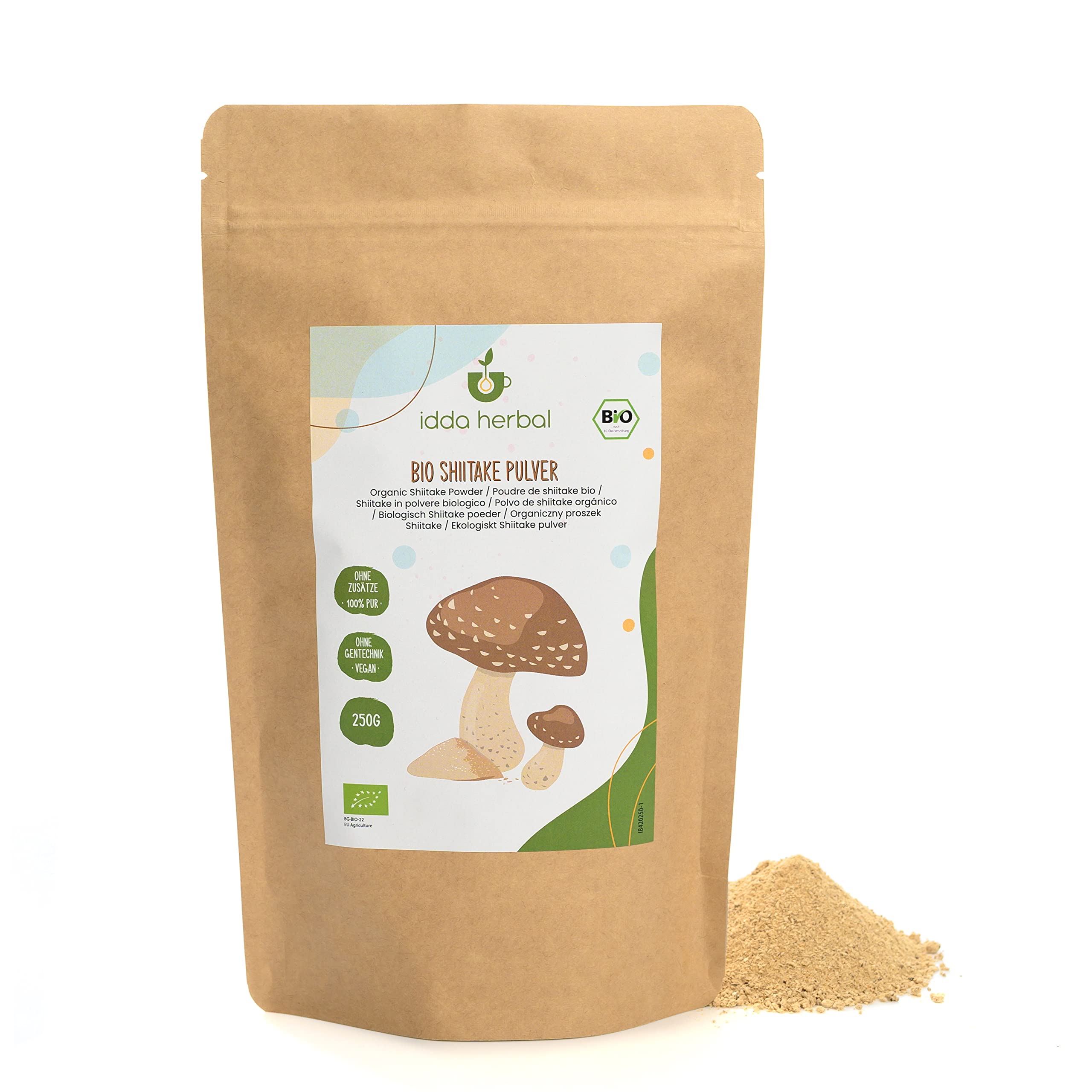 BIO Shiitake Pulver (250g), Gemahlene Shiitake Pilze, Shiitakepulver aus biologischem Anbau, 100% Natürlich und rein, Vegan