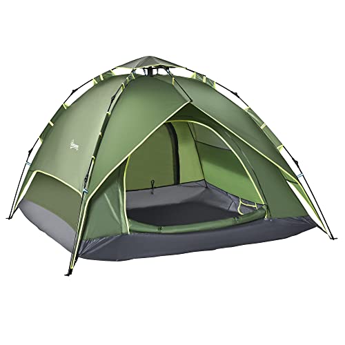 Outsunny Doppelzelt Campingzelt Outdoorzelt Familienzelt Quick-Up-Zelt 2 Erwachsene + 1 Kind 4 Jahreszeiten wasserdicht Tragetasche 2 Türen Polyester + Glasfaser Dunkelgrün 210 x 210 x 140 cm