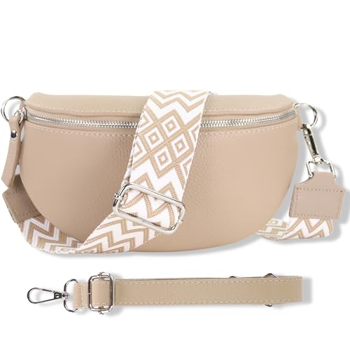 Blade Bauchtasche Damen Echtleder, stylische Gürteltasche Damen mit 2 gemusterten und Leder abnehmbaren & verstellbaren Breiten Gürteln, Crossbody Bag Damen, Hochwertige Tasche für Frauen-BEIGE