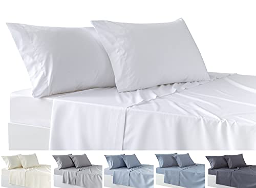Todocama Bettwäsche-Set, 4-teilig, Spannbettlaken, Bettlaken, 2 Kissenbezüge, 50 x 80 cm, für Betten mit 180 x 180 x 190/200 cm, Weiß
