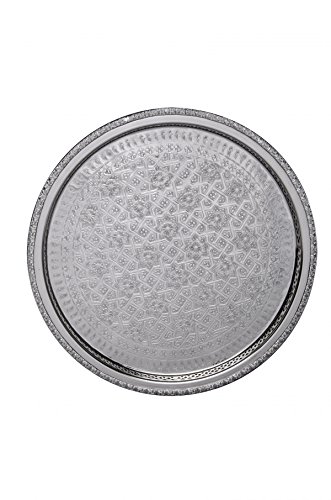 Orientalisches rundes Tablett aus Messing versilbert Nadia | Marokkanisches Teetablett in der Farbe Silber | Orient Silbertablett silberfarbig | Orientalische Dekoration auf dem gedeckten Tisch (Ø 42cm)