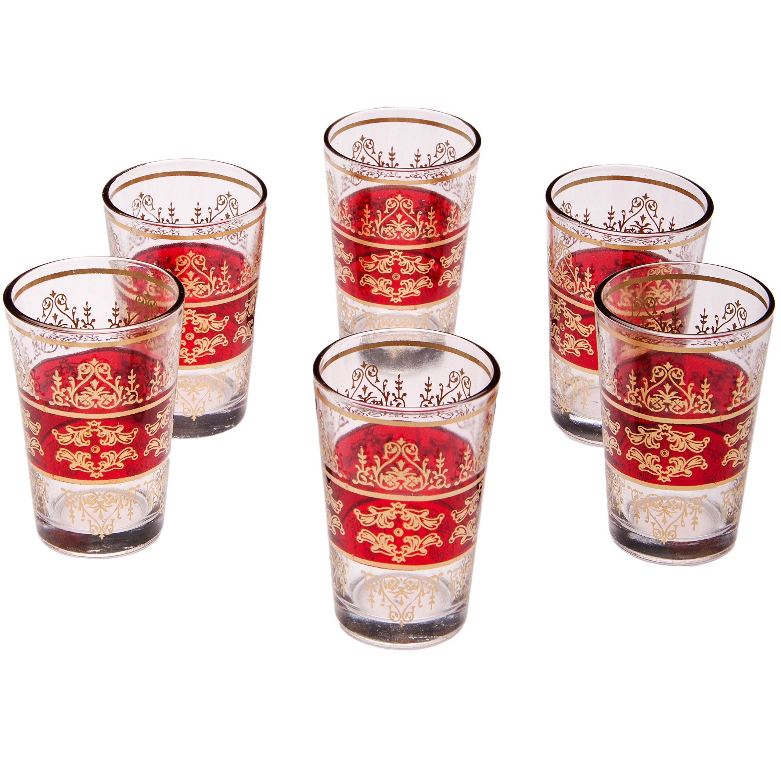 Orientalische verzierte Teegläser Set 6 Gläser Marrakesch Rot Gold | Marokkanische Tee Gläser Set 6 teilig Deko orientalisch | 6 x Orientalisches Marokkanisches Teeglas verziert | Farben auswählen