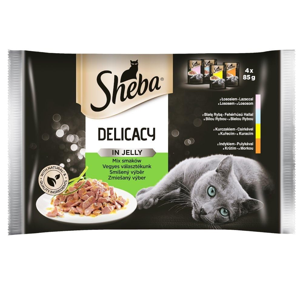 SHEBA Delicacy Katzennassfutter in Gelee, 52 Portionsbeutel 4x85g (13er Pack) – Katzenfutter nass, Geflügel und Fisch Variation