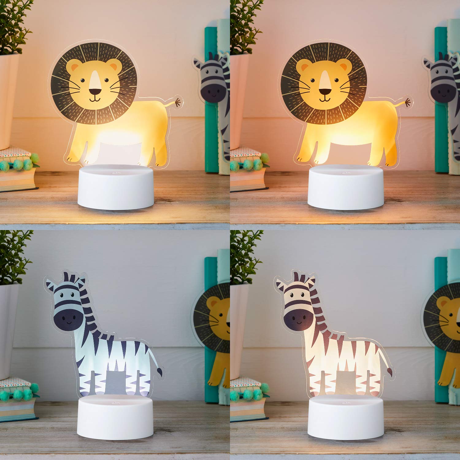 Lights4fun 8er LED Safari Nachtlicht mit Timer Funktion und Touchsensor Löwe & Zebra USB batteriebetrieben