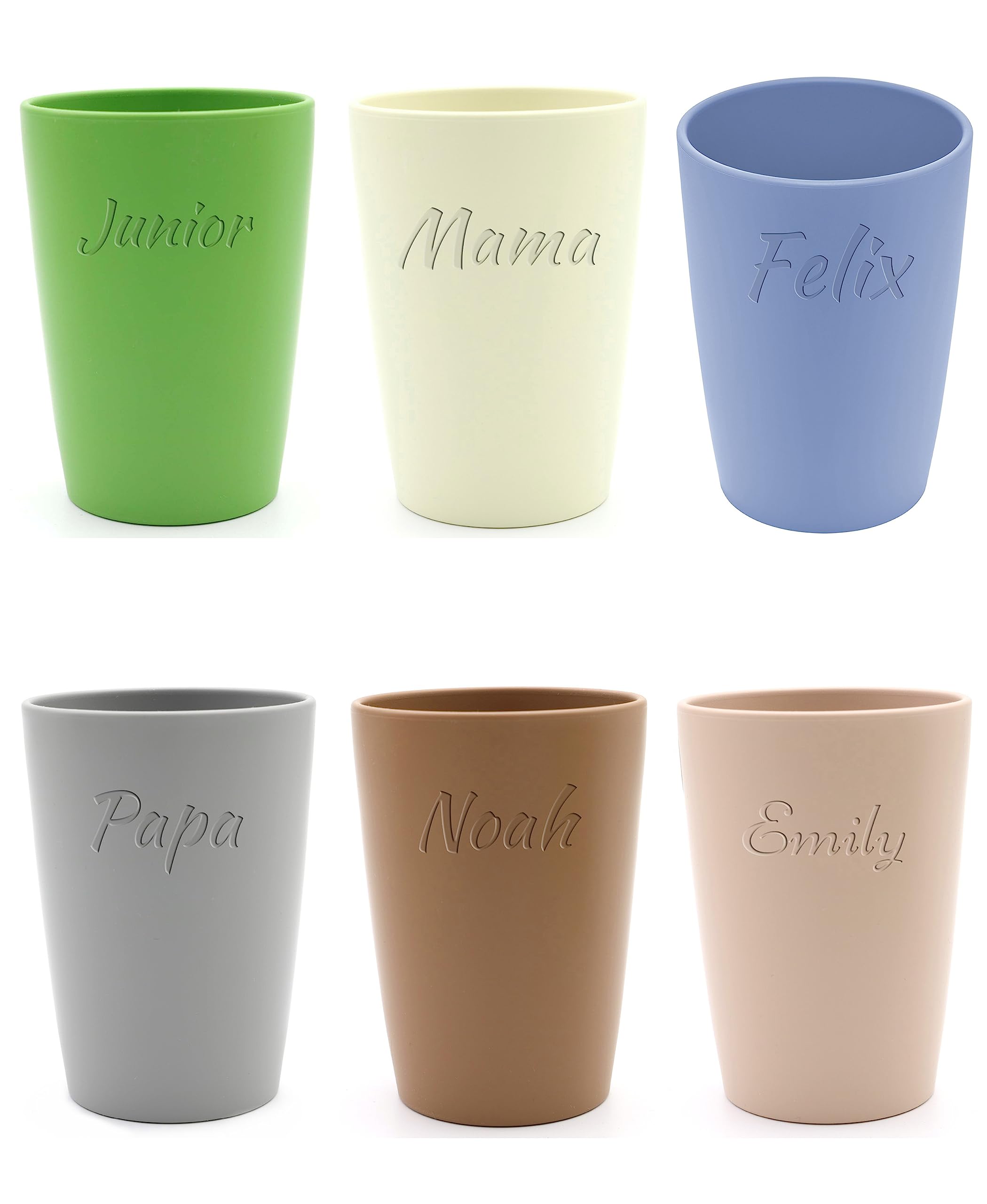 Magu 6 Personalisierte Becher aus Biopolymer (100% Erdölfrei) mit Namen | 6er Set Trinkbecher + Individuelle Namensgravur Zahnputzbecher Natur Design 6 Stück bunt gemischt