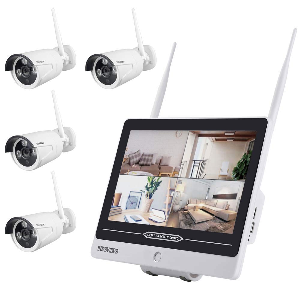 Inkovideo INKO-AL3003-4 - WLAN Überwachungsset mit integriertem 30,48 cm (12“ Zoll) Monitor und 4X 3 MP Überwachungskameras