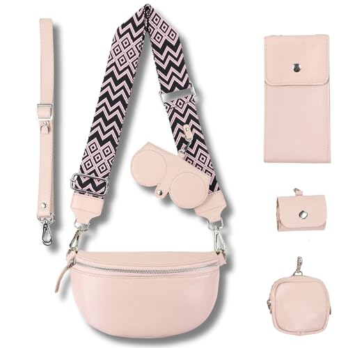 Blade Bauchtasche Damen Echtleder, stylisch Umhängetasche Damen, Crossbody Bag Damen mit 2 Gurten mit Komplettset (Brille Etui+Handytasche+Portemonnaie+AirpodsPROEtui) PINK (Mittel/OPT-8)