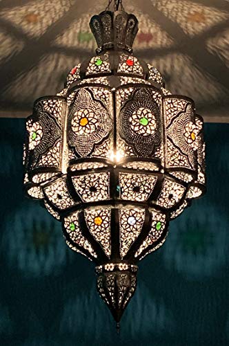 Orientalische Lampe Pendelleuchte Silber Roubla 100cm E27 Lampenfassung | Marokkanische Design Hängeleuchte Leuchte aus Marokko | Orient Lampen für Wohnzimmer, Küche oder Hängend über den Esstisch
