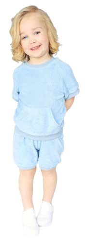 Trainingsanzug aus 100 % Baumwolle, 4 Farben, Unisex, Jungen, Mädchen, Kinder, Kleinkinder, Baby, Rundhalsausschnitt, Sommer-Teddys, 2-teiliges Outfit Gr. 104, himmelblau