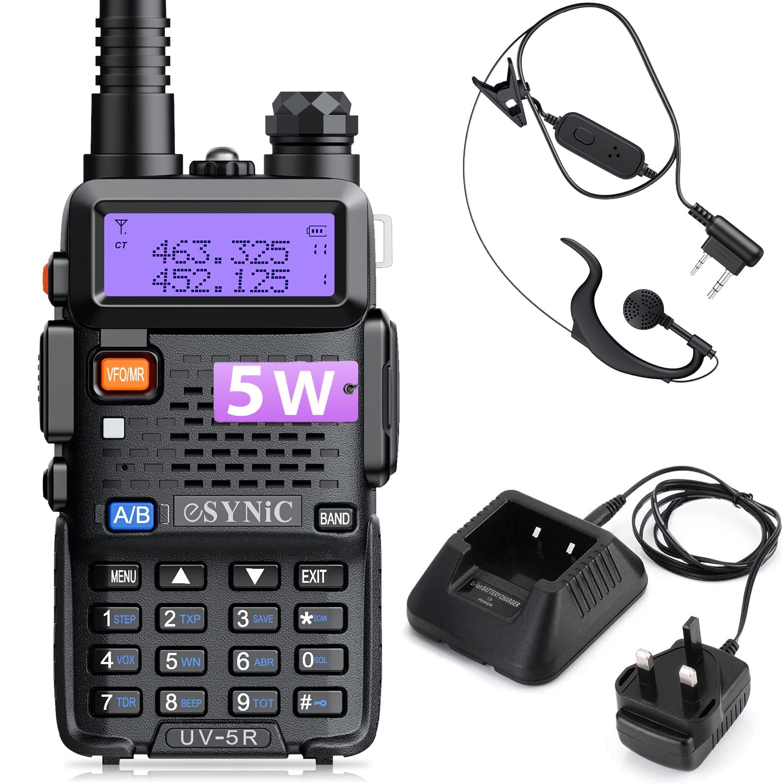 eSynic 1 x UV-5R Dual Band VHF/UHF mit LED-Display, 128 Speicherkanäle, wiederaufladbar, Radio-Funktion, unterstützt VOX für Baustellen, Outdoor-Aktivitäten usw. mit UK-Stecker-Ladestation