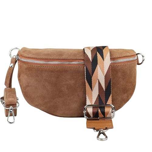 BLADE Bauchtasche Damen, Handgemachte Wildledertasche, Crossbody Bag, Gürteltasche Echtes Leder mit 2 abnehmbaren/verstellbaren breiten Gürteln, Umhängetasche aus Italien, Geschenk für Sie -Braun