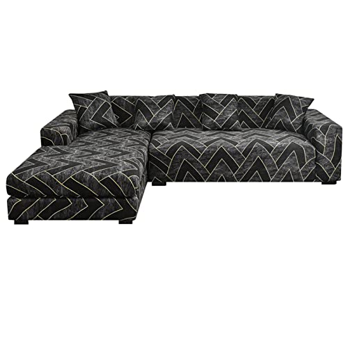 L-Form Sofa Überwürfe Stretch Elastische Sofabezug 2ST Set für 3 Sitzer + 4 Stücke Angenehm Kissenbezug(Goldlinie)