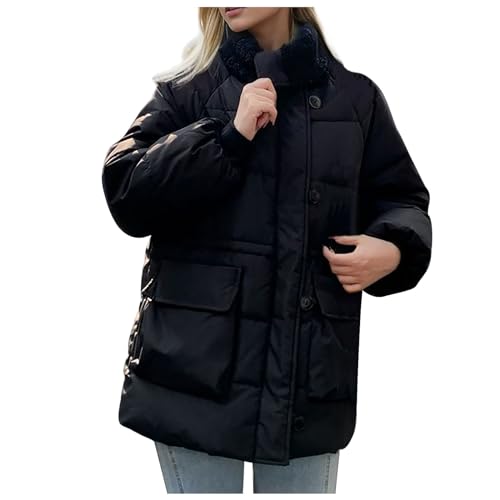 RKaixuni Damen Winter Warm Puffer Jacken Baggy Down Mantel Faux Shearling Revers Knopf Aktiv Outdoor Parka Anorak Oberbekleidung, Schwarz , 48