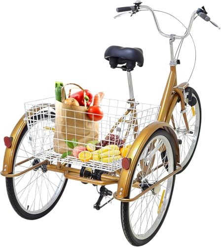 24 Zoll Gold Dreirad für Erwachsene, 6 Geschwindigkeiten Tricycle mit Einkaufskorb und Licht, 3 Räder Fahrrad Erwachsene mit Verstellbarer Lenker für Zum Tragen Von Dingen
