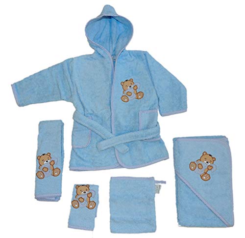 Baby Handtuch Set mit Bademantel Bären Motiv 5-tlg. 100% Baumwolle in versch. Farben, Farbe:blau