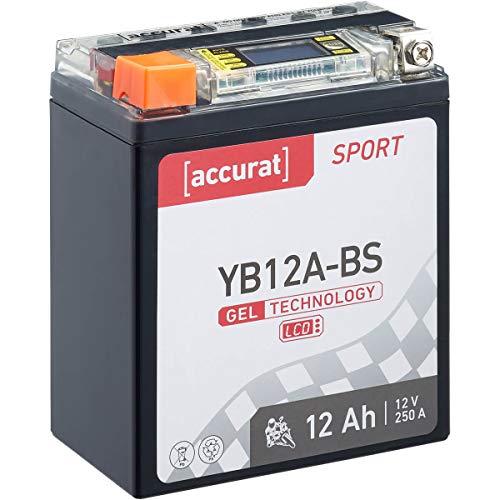 Accurat Motorradbatterie YB12A-BS - 12V, 12Ah, 250A, rüttelfest, wartungsfrei, LCD Display - Starterbatterie, Gel Batterie in Erstausrüsterqualität für Rasentraktor, Roller, Motorrad, Quad