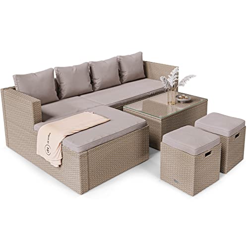 di volio Polyrattan Sitzgruppe Bologna - Lounge Gartenmöbel-Set für Garten und Terrasse mit Ecksofa, Tisch & 2 Hockern - Lounge-Set in Rattan-Optik inkl. eine Fleecedecke