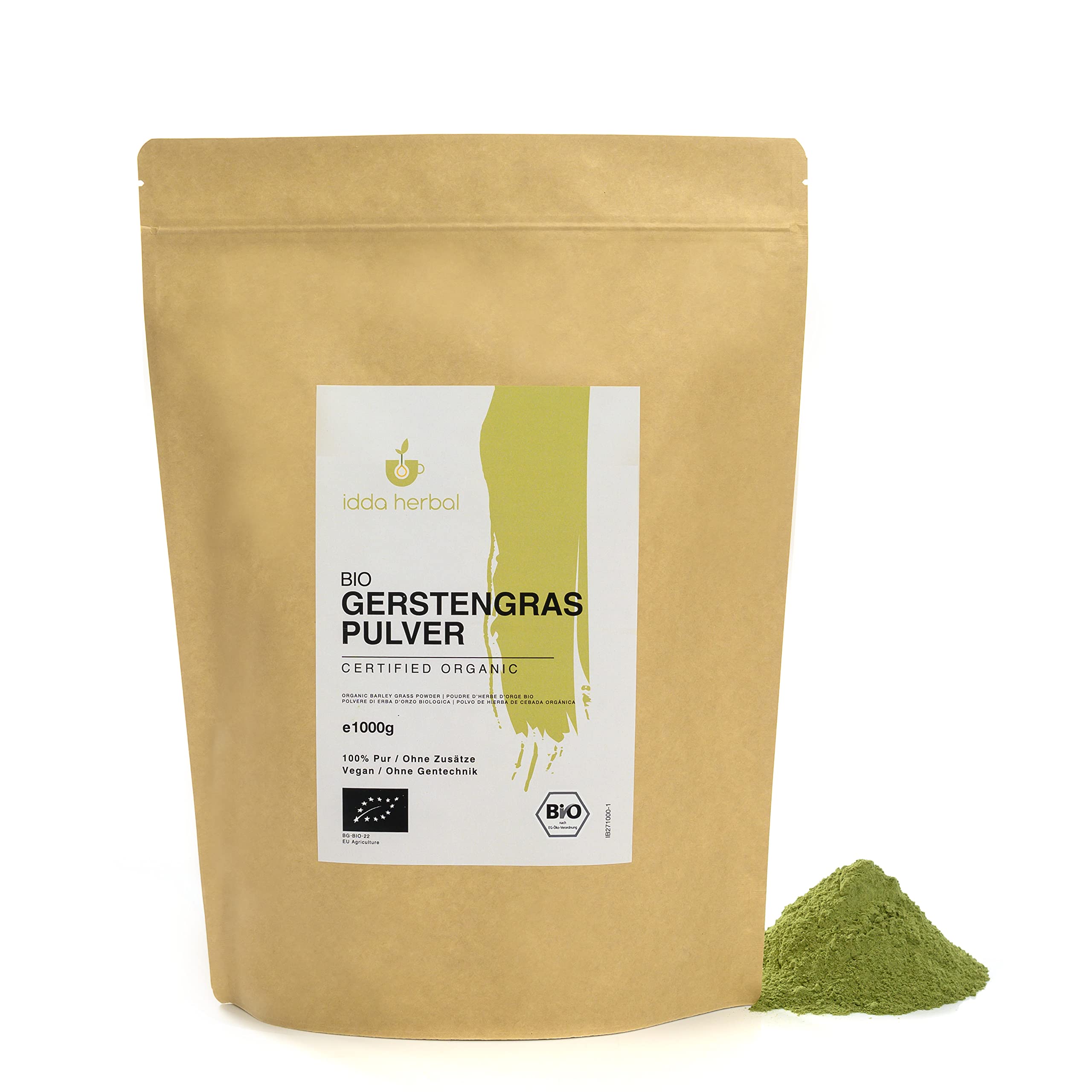 BIO Gerstengras Pulver (1kg), Gerstengraspulver aus biologischem Anbau, Gemahlenes Gestengras, 100% Natürlich und rein, Vegan