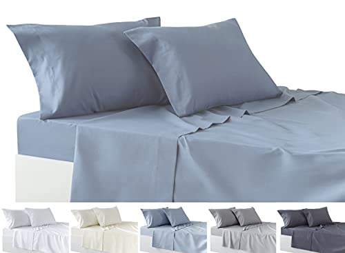 Todocama Bettwäsche-Set, 4-teilig, Spannbettlaken, Bettlaken, 2 Kissenbezüge, 50 x 80 cm, für Bett 200-200 x 190/200 cm, Graublau