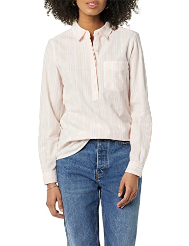 Goodthreads Damen Langärmeliges Popover-Shirt aus Gewaschener Baumwolle, Elfenbein Rosa Vertikale Streifen, M