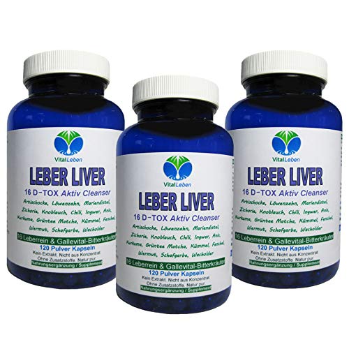 Leber Liver 16 Reinigungskräuter DETOX Aktiv Cleanser Leberrein & Gallevital 360 (3x120) Kapseln. 16 Bitterkräuter für Leber- & Fettstoffwechsel in EINEM, NATUR PUR. 26555-3