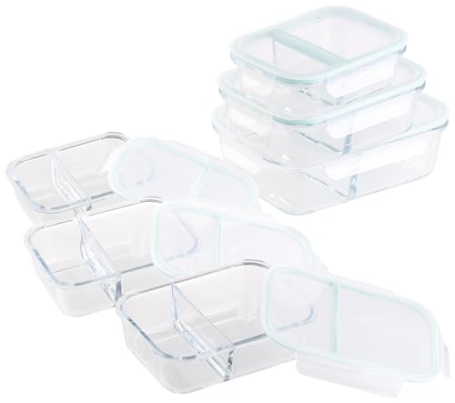 Rosenstein & Söhne Mealprep Glas: 6er-Set Glas-Frischhaltedosen, Klick-Deckel, 2 Kammern, -40 bis 450 °C (Glasdose mit Deckel Mikrowelle, Mikrowellengeschirr Glas Set)