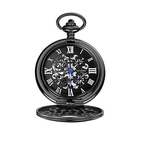 QZH Andenken Taschenuhr, Mechanische wasserdichte Perspektive Untere Abdeckung Herren Taschenuhr Herren Mechanische Taschenuhr (Schwarze Schale)