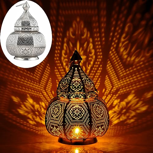 Marrakesch Lampe und Laterne in einem aus Metall 30 cm groß | Tischlampe Windlicht Mahana Silber als Orientalische Dekoration