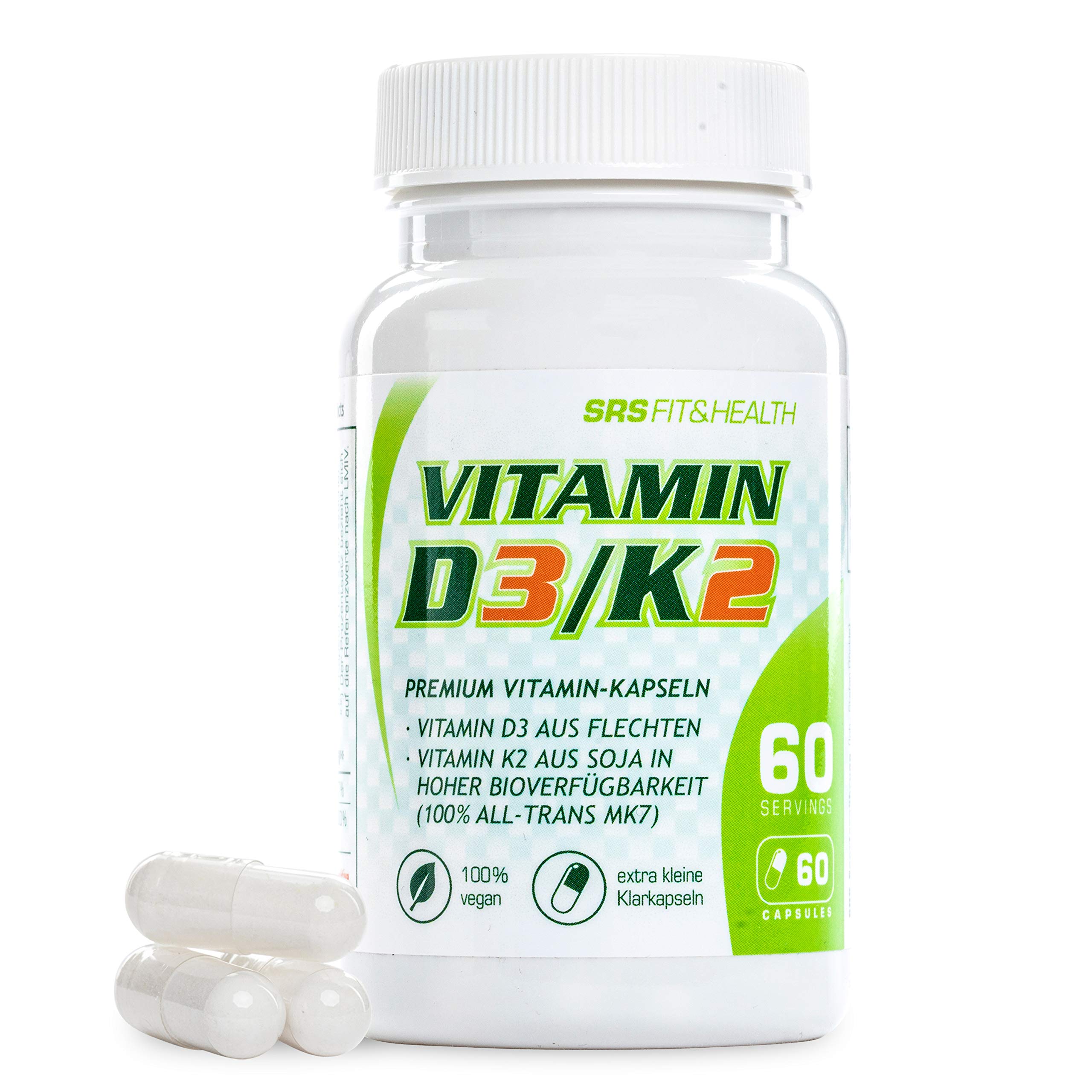 SRS®-VEGANES VITAMIN D3+K2: Für mehr Sonnenschein im Leben, Vitamin D3 aus Flechten, Vitamin K2 aus Soja (100% All-Trans-Mk7), Kleine & hochdosierte Kapseln, 1Jahresvorrat, Made in Germany