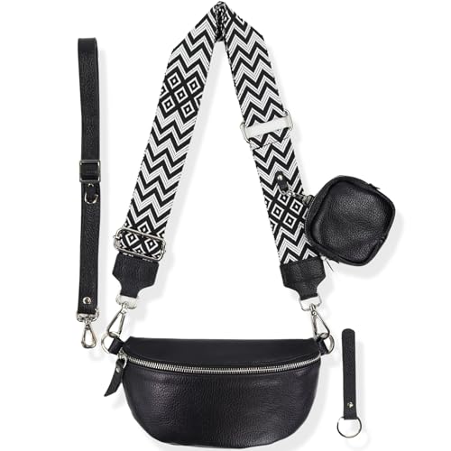 Blade Bauchtasche Damen Echtleder, stylisch Umhängetasche Damen, Crossbody Bag Damen mit 2 abnehmbaren verstellbaren Schultergurten und mit PORTEMONNAIE für Frauen-Schwarz (Groß/OPT-5)