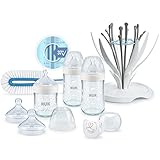 NUK Nature Sense Glasflaschenset | 0–6 Monate | 3 Babyflaschen | 2 Trinksauger | Flaschenbürste | Trockenständer | Genius Schnuller | weiß | 8-teilig