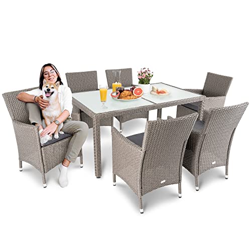 di volio Polyrattan Sitzgruppe Verona - Lounge Gartenmöbel-Set für Garten oder Terrasse, Tisch mit Glasplatte + 6 Stühle - Lounge-Set in Rattan-Optik grau