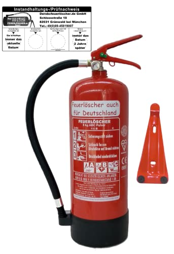 6 kg ABC Pulver Feuerlöscher NEU Orginalverpackt Brandklasse ABC, EN3, 34 A, 183 B, C = 10 LE, Messingarmatur + Sicherheitsventil + Manometer + Wandhalter + Standfuß, Pulverlöscher