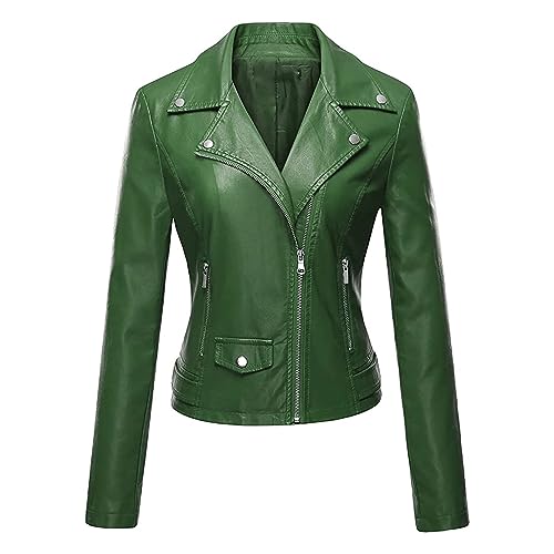 RKaixuni Damen/Mädchen, Kunstleder-Jacke, bauchfrei, Wintermode, Trenchcoat, Revers, schmale Passform, Reißverschluss, Motorradjacke, A2#Grün, 42