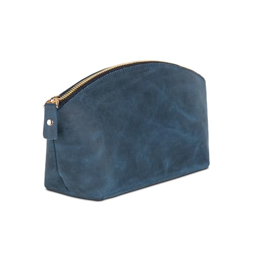 Premium Kosmetiktasche Damen Leder - Luxuriöse Schminktasche Damen Leder mit großem Fach - Elegante und langlebige Make-Up Tasche Leder für Reisen und Täglichen Gebrauch Navy