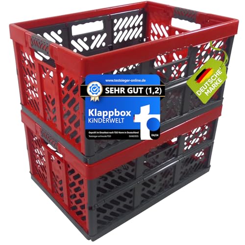 KiNDERWELT 2 x Robuste Profi - Klappbox 45 L bis 50 kg - Faltbox, Kiste, Korb zur Aufbewahrung, Transport - anthrazit/rot